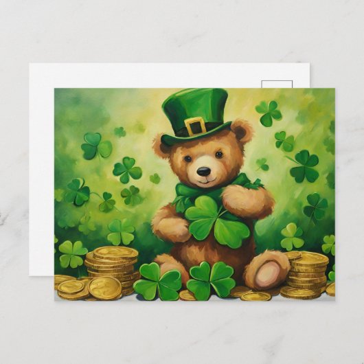 St. Patrick's Day Teddybeer met Shamrock, munten Feestdagenkaart (Voorkant / Achterkant)