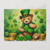 St. Patrick's Day Teddybeer met Shamrock, munten Feestdagenkaart (Voorkant)