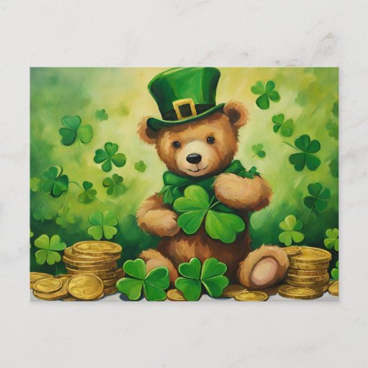 St. Patrick's Day Teddybeer met Shamrock, munten Feestdagenkaart (Voorkant)