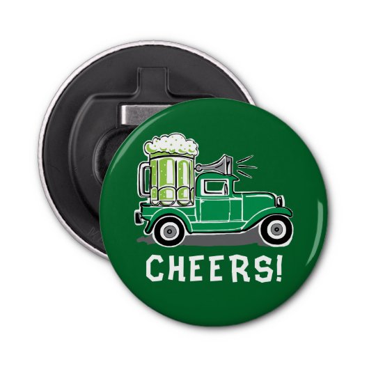 St Patrick's Day  Vrachtwagen Groen Bier Button Flesopener (Voorkant)