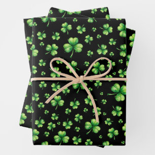 St. Patrick's Day Watercolor Klaver op zwart Inpakpapier Vel