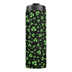 St. Patrick's Day Watercolor Klaver op zwart Thermosbeker