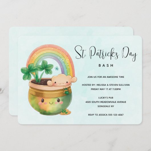 St. Patrick's Day Whimsical Rainbow & Clover Party Kaart (Voorkant / Achterkant)