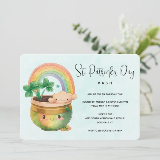 St. Patrick's Day Whimsical Rainbow & Clover Party Kaart (Staand voorkant)