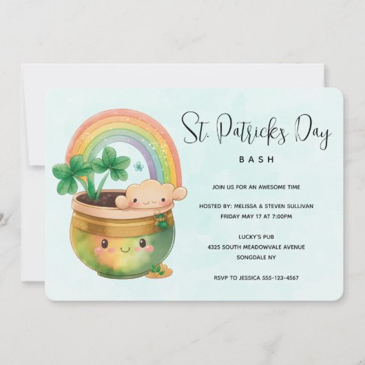 St. Patrick's Day Whimsical Rainbow & Clover Party Kaart (Voorkant)