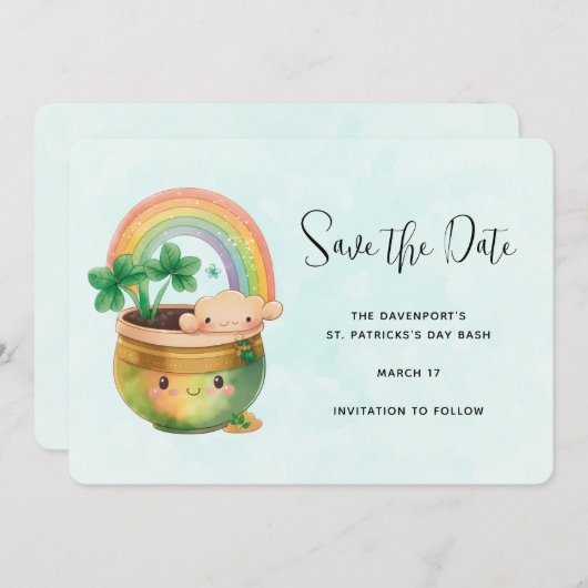 St. Patrick's Day Whimsical Rainbow & Clover Save The Date (Voorkant / Achterkant)