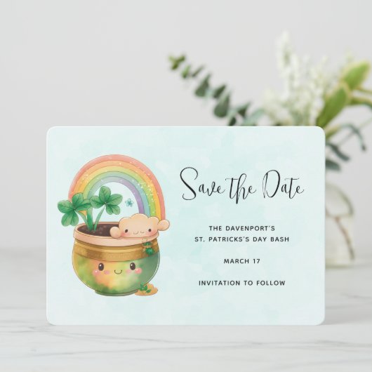 St. Patrick's Day Whimsical Rainbow & Clover Save The Date (Staand voorkant)
