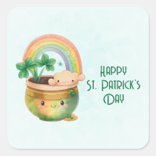 St. Patrick's Day Whimsical Rainbow & Clover Vierkante Sticker