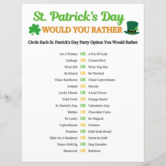 St. Patrick's Day Wil je liever spelen? (Voorkant)