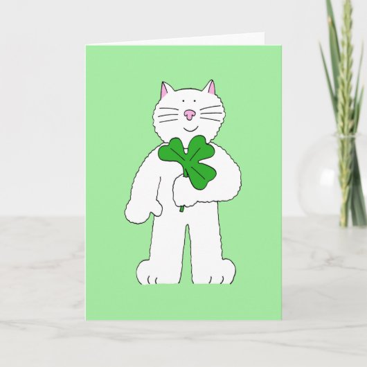 St Patrick's Day Witte kat met Shamrock Kaart (Voorkant)