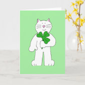 St Patrick's Day Witte kat met Shamrock Kaart (Gele Bloem)