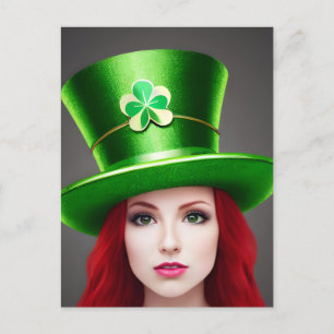 St. Patricks Day Woman Red Hair Green Tophat Briefkaart