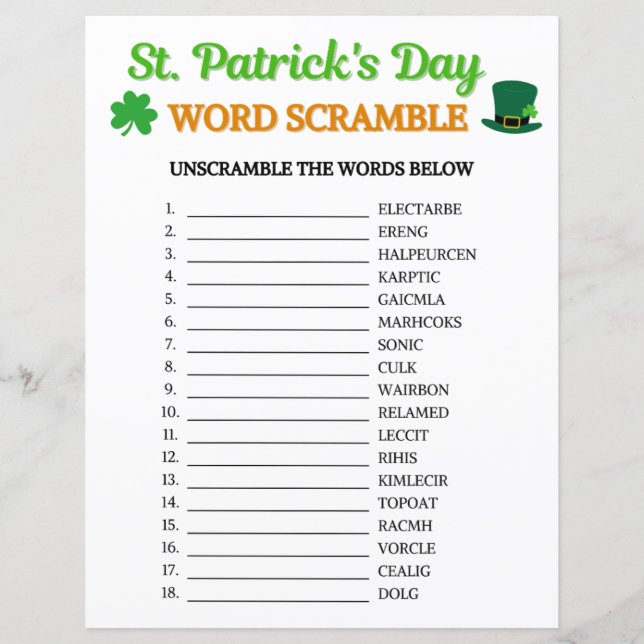 St. Patrick's Day Word Scramble spel (Voorkant)