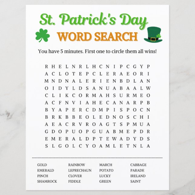 St. Patrick's Day Word Zoeken Spel (Voorkant)