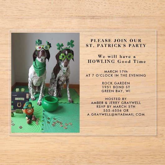St. Patrick's Feest Dieren Shamrocks Aangepaste Fo Acryl Uitnodigingen (Voorkant)