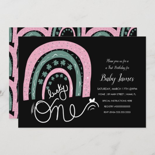 St. Patricks Lucky 1st Birthday Hand Drawn Rainbow Kaart (Voorkant / Achterkant)