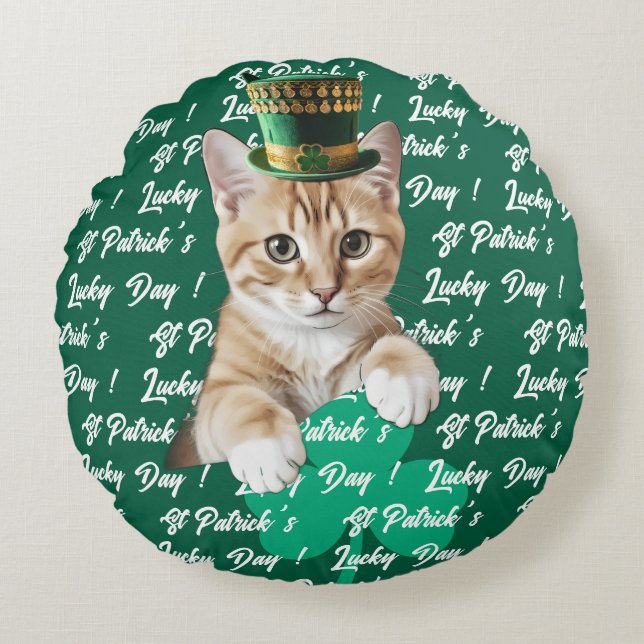 St Patrick's Lucky Day Cute Cat Leprechaun Hat, Rond Kussen (Voorkant)
