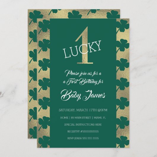 St. Patricks Lucky First Birthday Green Shamrock Kaart (Voorkant / Achterkant)