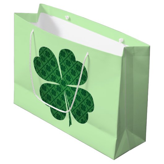 St Patricks Lucky Four Leaf Green Clover Pattern Groot Cadeauzakje (Voorkant Gekanteld)