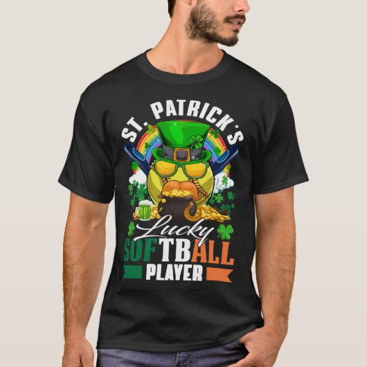 St Patrick's Lucky Softball Speler Shamrock & Glas T-shirt (Voorkant)