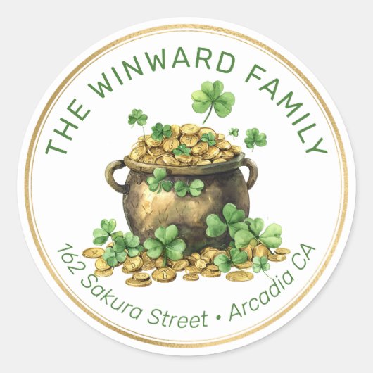 St. Patrick's Pot of Gold & Shamrocks Adres Ronde Sticker (Voorkant)