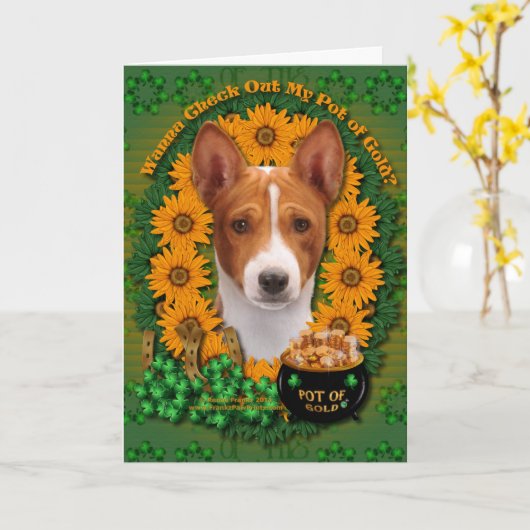St Patricks - Pot van Goud - Basenji Kaart (Gele Bloem)