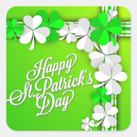 St. Patrick's "Shamrocks/Ribbon" Happy St Patricks Vierkante Sticker (Voorkant)