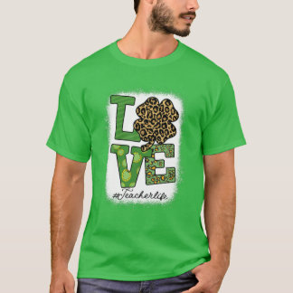 St Patricks Teacher Messy Bun Leopard Bleached Iri T-shirt