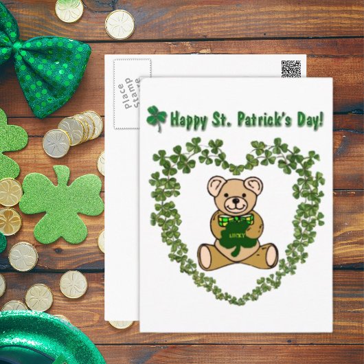 St. Patrick's Teddy Bear in Clover Heart Briefkaar Briefkaart