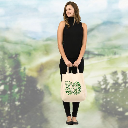 St Pattys Heart Clover Stethoscope Nurses Initials Tote Bag