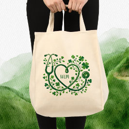 St Pattys Heart Clover Stethoscope Nurses Initials Tote Bag