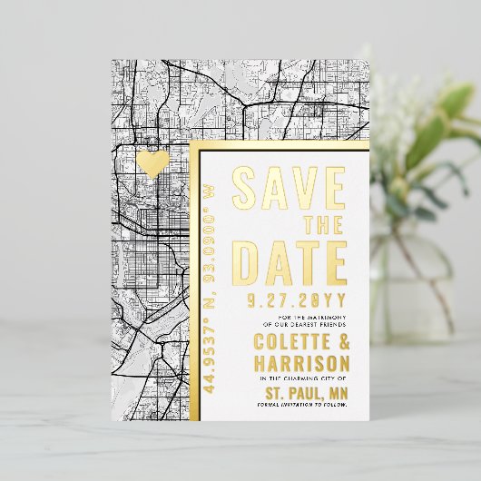 St. Paul Love Locator | Bruiloft Bewaar de datum Folie Uitnodiging (Staand Voorkant)