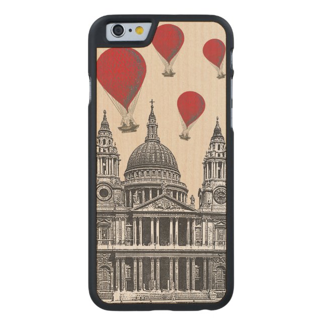 St Pauls Cathedral en Red Hot Air-ballonnen Carved Wood iPhone Hoesje (Achterkant)