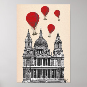 St Pauls Cathedral en Red Hot Air-ballonnen Poster