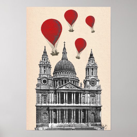 St Pauls Cathedral en Red Hot Air-ballonnen Poster (Voorkant)