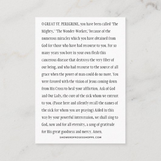 St. Peregrine Patron Saint of Cancer Heilige Kaart Visitekaartje (Achterkant)