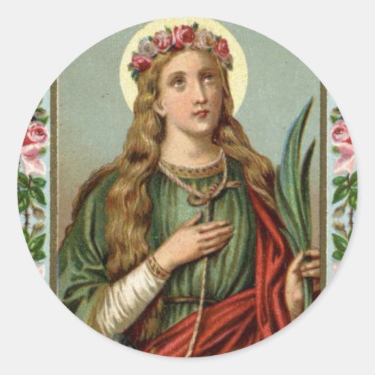 St. Philomena Roze Rozen Palmkoord Ronde Sticker (Voorkant)