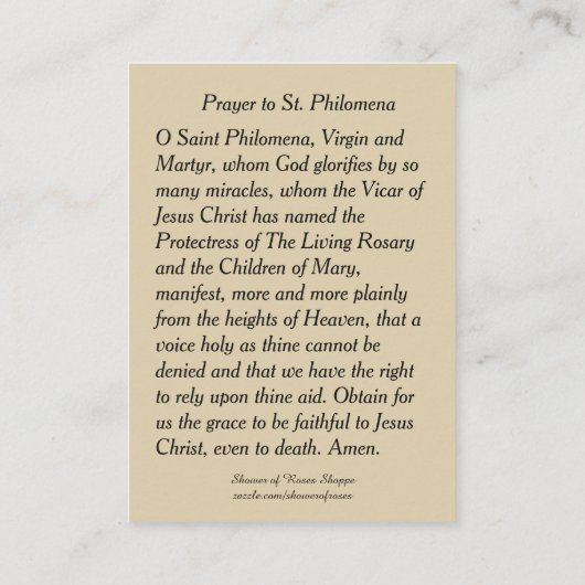 St. Philomena Wonderarbeider & Martyr Heilige Kaar Visitekaartje (Achterkant)