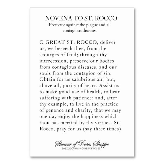 St. Rocco Roch Gebed tegen Corona Virus Kaart (Achterkant)