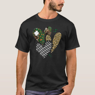 St Saint Patrick's Day Shamrock Heart Leopard Plai T-shirt
