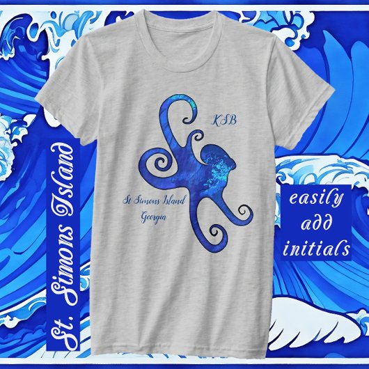 St. Simons Island GA Briljant Blauw Octopus T-shirt
