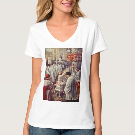 St. Teresa gooit bloemen naar het geborene heiligd T-shirt (Voorkant)