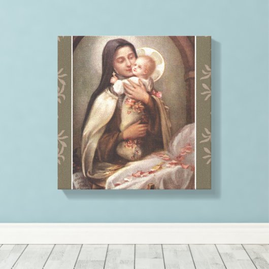 St. Therese Baby Jesus Manger Pink Roses Canvas Afdruk (Insitu (Houten vloer))