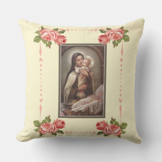 St. Therese Baby Jesus Manger Pink Roses Kussen (Voorkant)