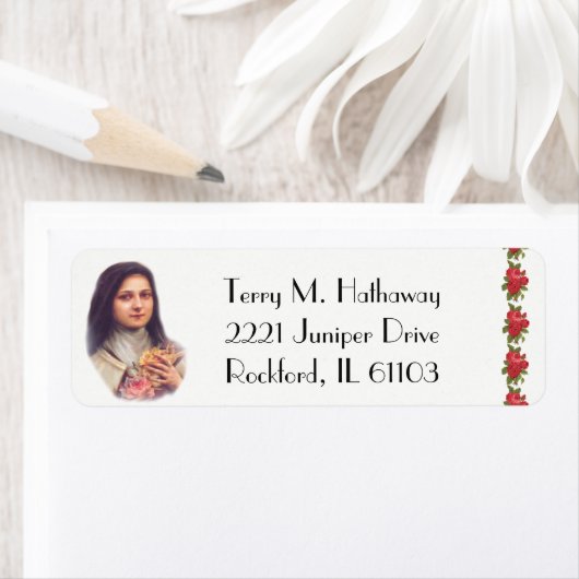 St. Therese de kleine bloem rode rozen Etiket (Insitu)