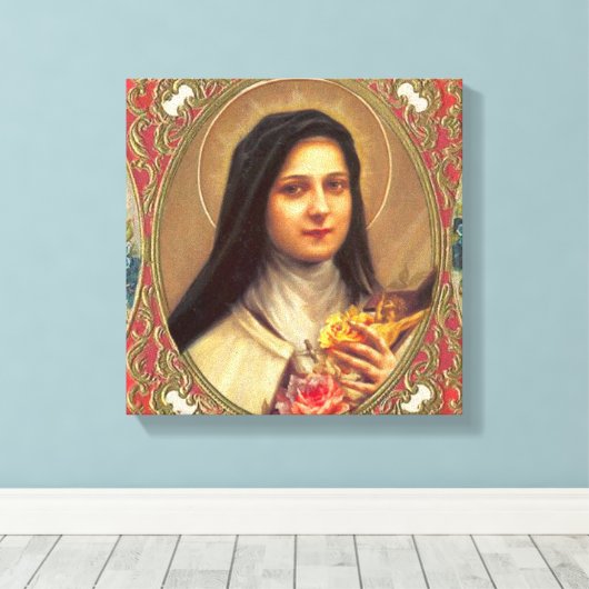 St. Therese de kleine bloem w / roze rozen  Canvas Afdruk (Insitu (Houten vloer))
