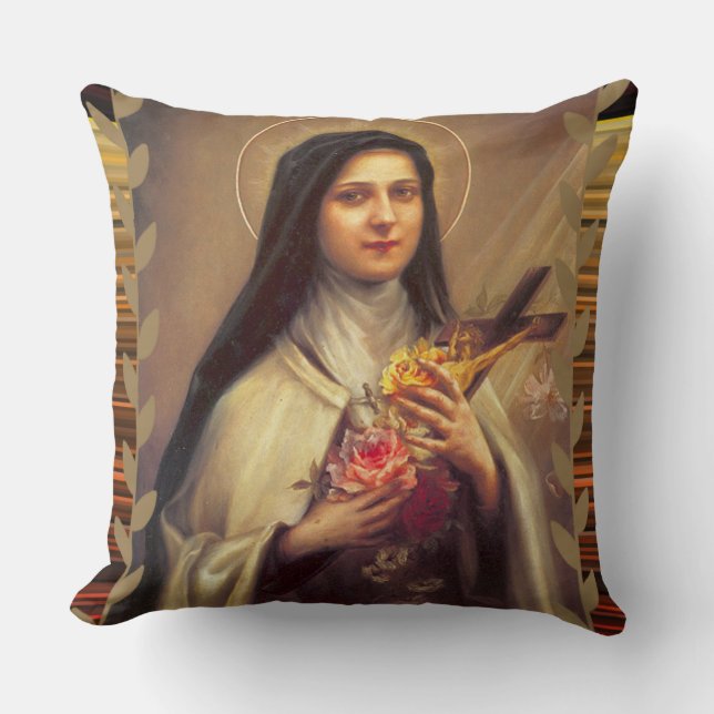 St. Therese de Kleine Bloemrozen Kruisbeeld Kussen (Voorkant)