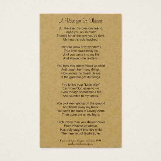 St. Therese het Little Flower Poem Visitekaartje (Achterkant)