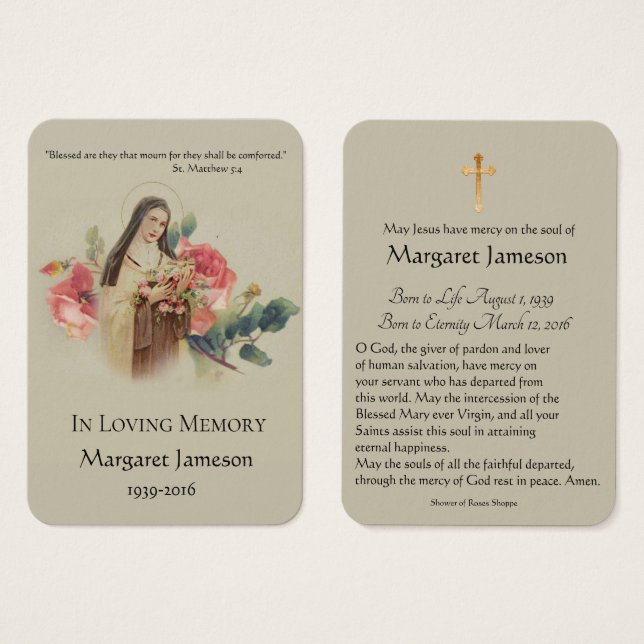 St. Therese Pink Roses Funeral Memorial Holy Card Visitekaartje (Voorkant /achterkant)