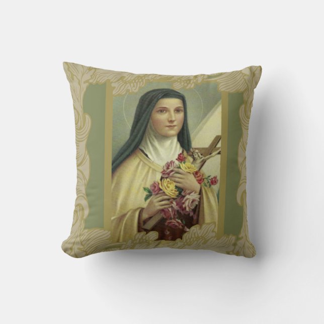 St. Therese the Little Flower w/roze roses Green Kussen (Voorkant)